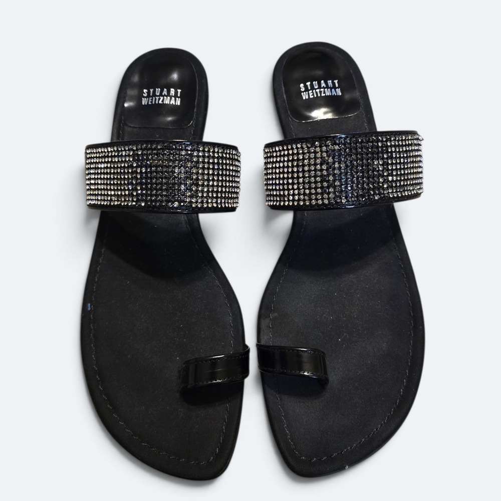 Stuart Weitzman Myohmy Black Patent Crystal Toe Loop Flat Sandals 9.5 M
